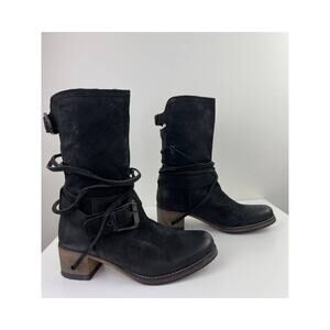 Cafe Noir Black Suede Nubuck Boots Mid-Calf Heeled Buckle Round Toe Size 38